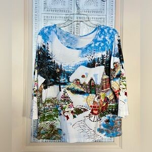 VGU Collections Etc Womens Sz-L/XL-12/14 Sequenced Winter Wonderland Printed Top